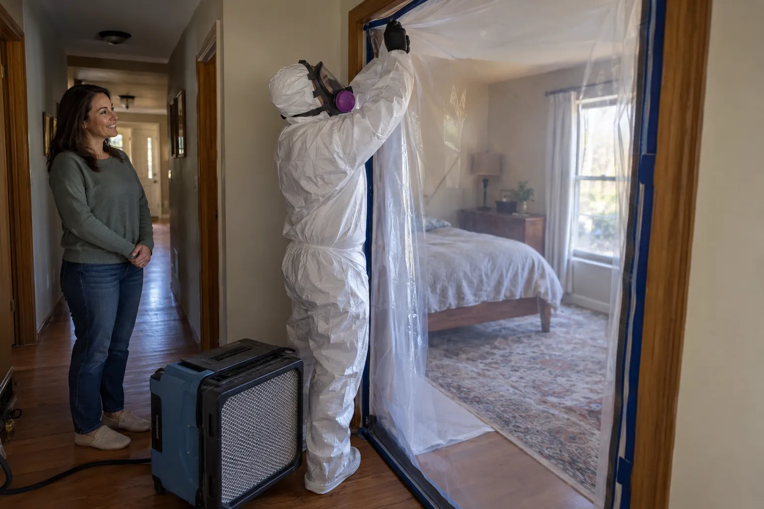 Provider in protective gear setting up containment sheeting in a Birmingham home with mold on the ceiling