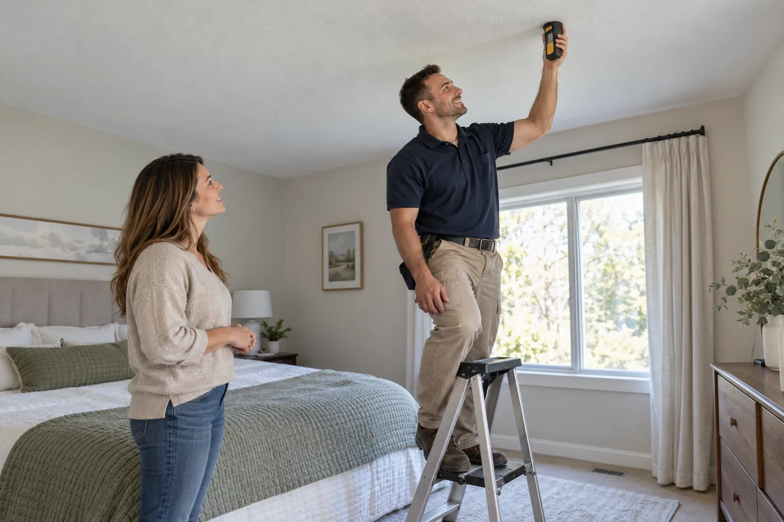 Provider checking a ceiling for moisture in a home across the Birmingham area